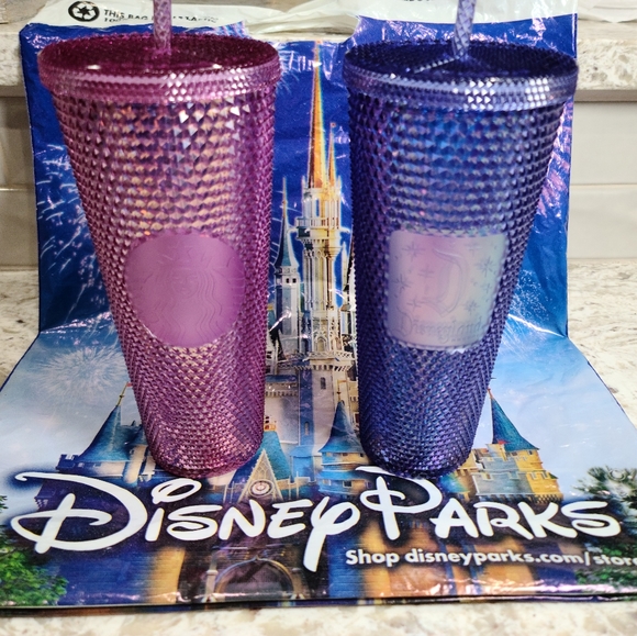 SET of 2 Disney Parks 50th Starbucks Studded Tumbler Cup Pink Blue Iridescent - Picture 5 of 11